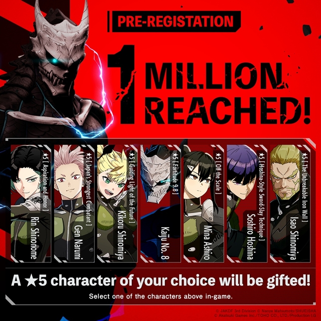 아카츠키 게임즈(Akatsuki Games)가 토호(TOHO), 프로덕션 I.G와 공동 제작 중인 자이언트 킬링 RPG 괴수 8호: THE GAME의 글로벌 사전등록 신청자 수가 100만명을 넘어섰다고 밝혔다. /아카츠키 게임즈