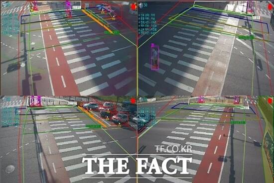 경기 파주시가 설치한 ‘스마트 횡단 시스템’을 통해 인공지능이 보행자를 추적하고 있는 CCTV 화면./파주시