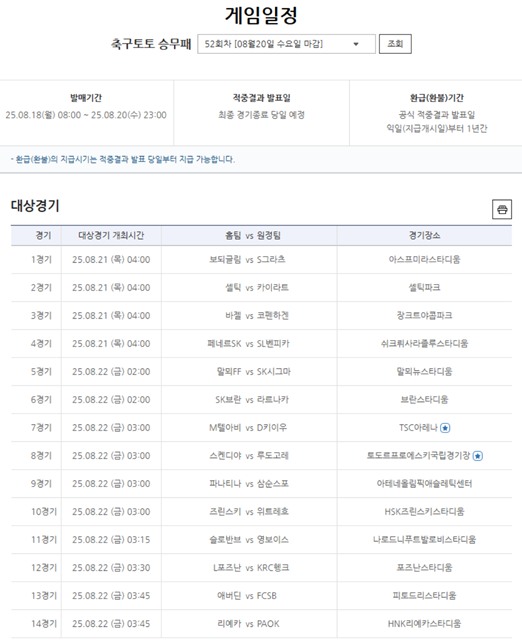 축구토토 승무패 52회차 대상 경기.