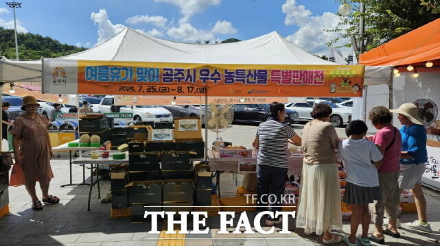 공주시가 여름 휴가철을 맞아 정안알밤휴게소 상·하행선 야외 판매장에서 ‘2025년 여름휴가철 지역 농·특산물 홍보판촉전’을 펼치고 있다. /공주시