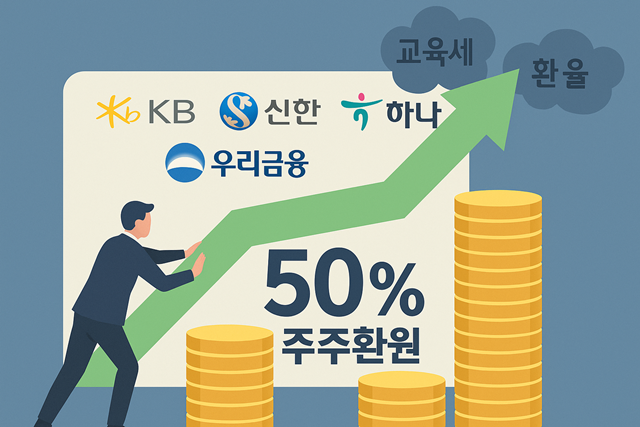 이재명 정부의 자본시장 활성화 정책과 더불어 주주환원에 대한 관심이 높아지는 가운데 금융지주들이 총주주환원율 50%를 새로운 기준으로 내세우고 있다. /챗GPT 생성이미지