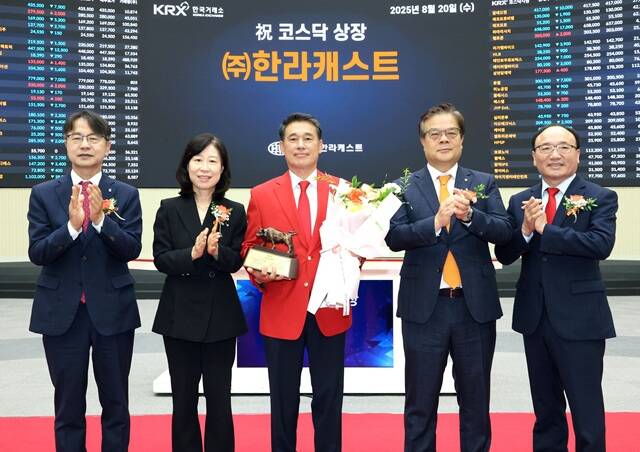 20일 한국거래소 서울사옥 홍보관에서 열린 한라캐스트 코스닥시장 상장기념식에서 (왼쪽부터) 김대영 한국IR협의회 부회장, 이미현 한국거래소 코스닥시장본부장보, 오종두 한라캐스트 대표이사, 오익근 대신증권 대표이사, 강왕락 코스닥협회 부회장 등이 기념 촬영을 하고 있다. /한국거래소