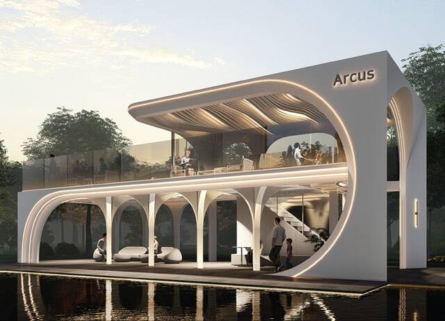 현대건설이 K-디자인 어워드 2025에서 7개 작품으로 상을 받았다. 사진은 공간 디자인 부문 골드 위너를 수상한 힐스테이트 환호공원에 조성된 티하우스 아르쿠스다. /현대건설