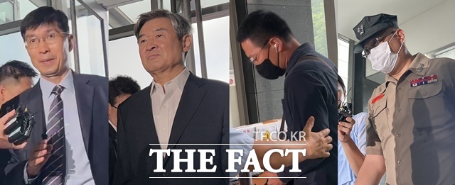 임기훈 전 국방비서관과 염보현 군검사, 조태용 전 국가정보원장, 최진규 전 해병대 포11대대장이 20일 오전 서울 서초구 채상병특검 사무실에 출석했다. 왼쪽부터 임기훈 전 비서관, 조태용 전 원장, 염보현 군검사, 최진규 전 대대장. /김해인 기자