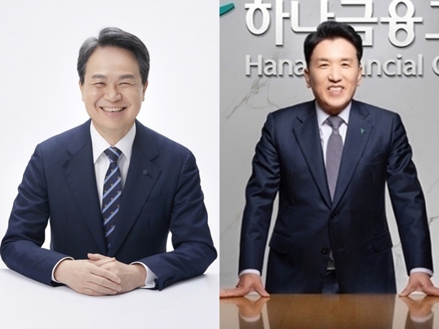 진옥동 신한금융 회장(왼쪽)과 함영주 하나금융 회장이 미국 스테이블코인 발행사 서클의 히스 타버트 사장과 직접 만난다. /각 사