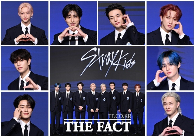 그룹 스트레이 키즈 아이엔과 승민, 필릭스, 한, 현진, 창빈, 리노, 방찬(왼쪽부터 시계방향)이 22일 오전 서울 여의도 콘래드 서울 호텔에서 열린 정규 4집 KARMA(카르마) 기자간담회에 참석해 포즈를 취하고 있다. /남용희 기자