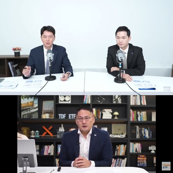 (위 사진부터) 7일 삼성자산운용이 개최한 KODEX 미국S&P500변동성확대시커버드콜 ETF 신규 상장 웹세미나에서 안정진 ETF컨설팅팀장(왼쪽부터)과 정재욱 ETF운용3팀장이 발표하고 있다. (아래)윤병호 미래에셋자산운용 ETF운용부문 전략운용본부장이 12일 미국 대표 지수 TIGER 타겟데일리커버드콜 ETF 상장 1년 맞이 대해부 세미나에서 상품에 대해 설명하고 있다. /각 사 유튜브 방송 캡처