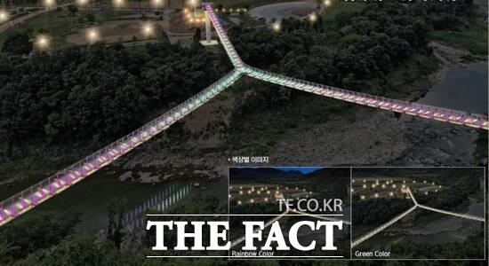 경관조명이 설치된 경기 포천시 한탄강 Y형 출렁다리의 야간 조감도. /포천시