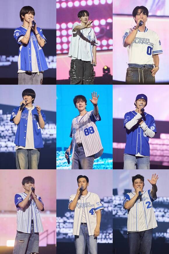 그룹 슈퍼주니어의 예성·은혁·이특·동해·신동·시원·려욱·희철·규현(왼쪽 위부터 시계방향)이 20주년을 기념해 슈퍼 쇼 10 콘서트로 팬과 만났다./SM엔터테인먼트