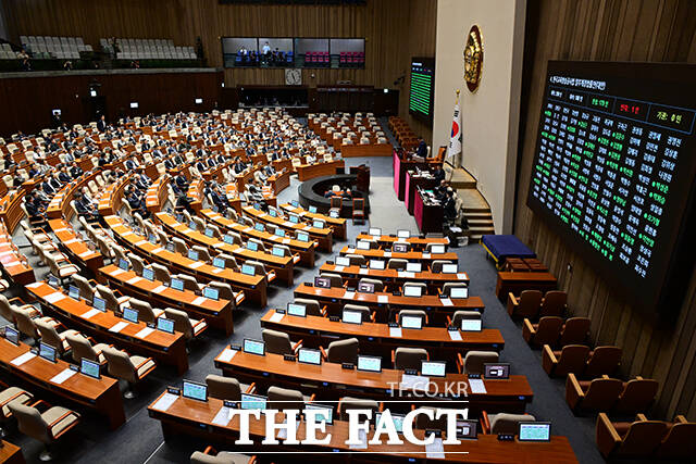 국회가 24일 본회의를 열고 노란봉투법(노동조합 및 노동관계조정법 2·3조 개정안)을 가결하고 상법 개정안을 상정했다. 본회의장. /남윤호 기자
