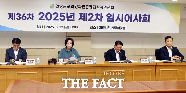 (왼쪽부터)하은호 군포시장, 신계용 과천시장, 최대호 안양시장, 김성제 의왕시장이 공동급식센터 이사회를 진행하고 있다./과천시