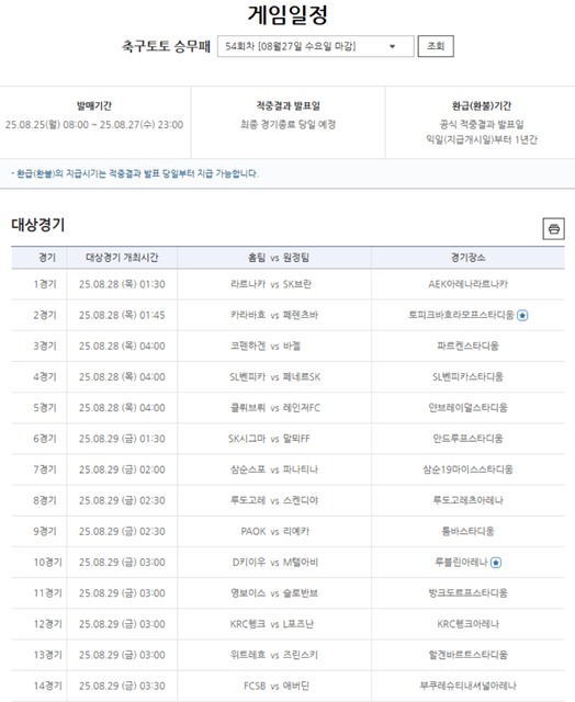 축구토토 승무패 54회차 대상 경기.