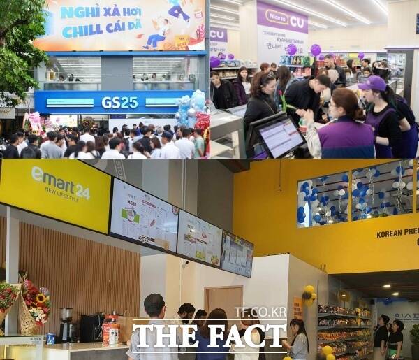 국내에서 매출 성장률이 꺾인 편의점 업계가 몽골, 베트남 등 해외로 눈을 돌려 점포 확장에 나서고 있다. 사진은 GS25와 CU, 이마트24의 해외 점포 전경. /각사
