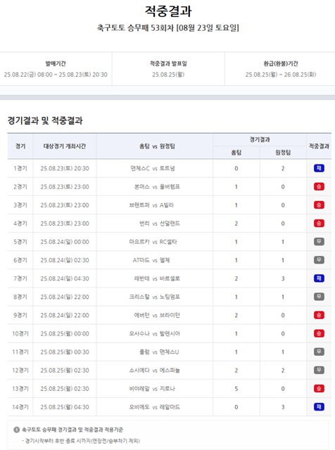 축구토토 승무패 53회차 적중 결과.
