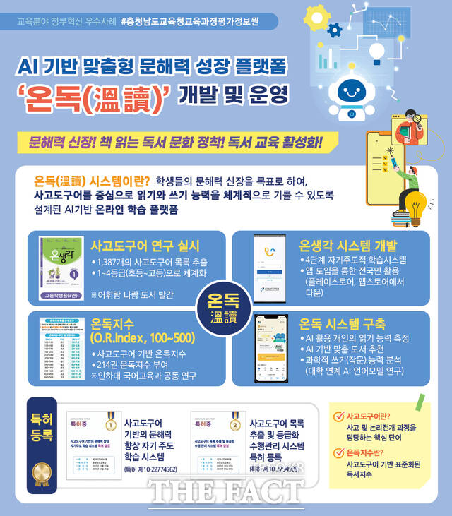 2025년 교육분야 정부혁신 우수사례 경진대회에서 대상으로 선정된 충남도교육청의 AI 기반 맞춤형 문해력 성장 플랫폼 온독 개발 운영 포스터. /충남도교육청