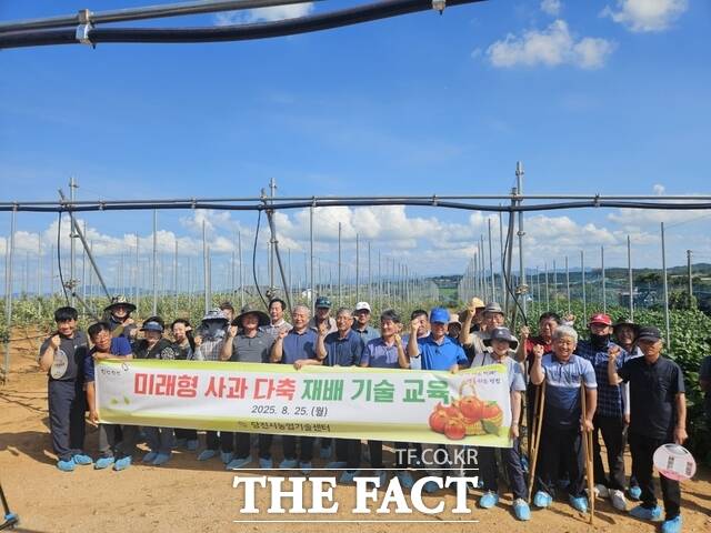 당진시농업기술센터는 25일 미래형 사과 다축 재배 기술 이론 및 현장 교육을 실시했다. /당진시