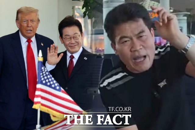한미 정상회담에 앞서 도널드 트럼프 미국 대통령을 만난 이재명 대통령(왼쪽), 미국 출국 사실을 알리고 있는 전 한국사 강사 전한길씨. /뉴시스, 전한길 유튜브 캡처