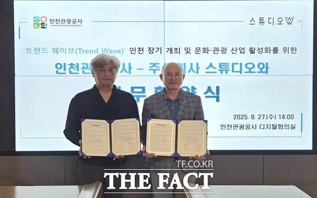 27일 인천관광공사와 스튜디오 상상플랫폼에서 트렌드 웨이브 인천 유치 협을 체결하고 있다.사진 왼쪽부터 허주민 스튜디오 대표, 백현 인천관광공사 사장. /인천관광공사