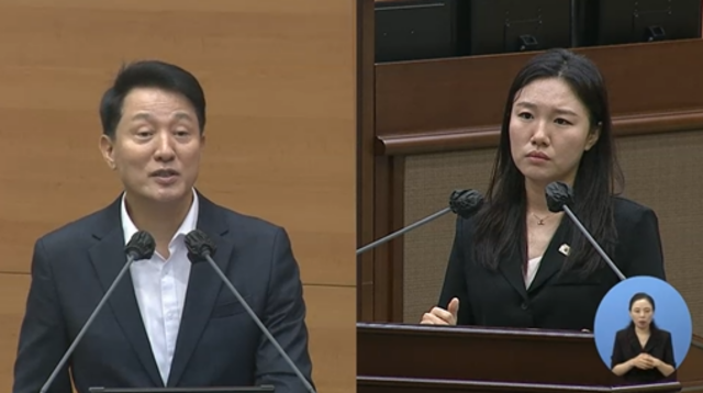 28일 서울시의회 제332회 임시회 제2차 본회의 시정질문에서 이소라 서울시의원의 질의에 오세훈 서울시장이 답하고 있다. /서울시의회 본회의 시정질문 화면 캡처