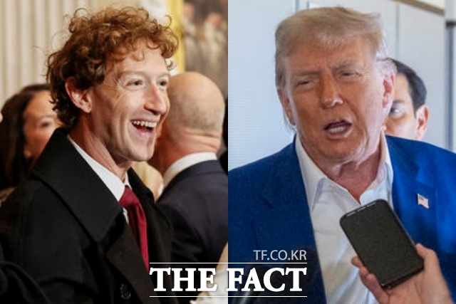 도널드 트럼프 대통령의 추가 관세 경고 배경에 마크 저커버그(왼쪽) 메타 최고경영자(CEO)의 영향이 있었다고 28일 블룸버그는 밝혔다. /뉴시스