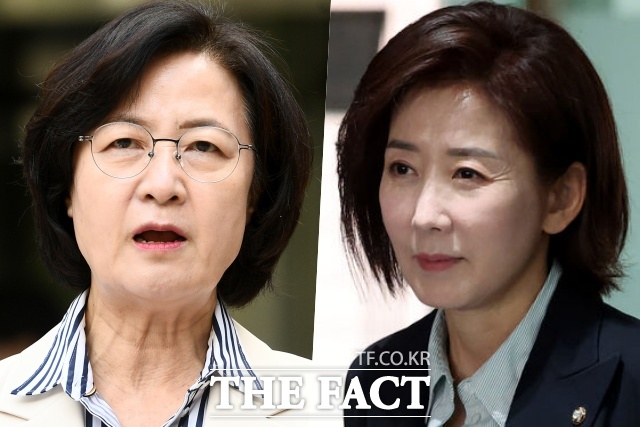 추미애 국회 법제사법위원장(왼쪽), 나경원 국민의힘 의원. / 뉴시스