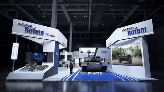 2일(현지시간)부터 5일까지 폴란드 키엘체(Kielce)에서 열리는 ‘제33회 폴란드 국제방산전시회(MSPO)’현대로템 전시관 전경. 이 자리에서 현대로템은 K2 폴란드형 전차를 최초로 공개한다. /현대로템