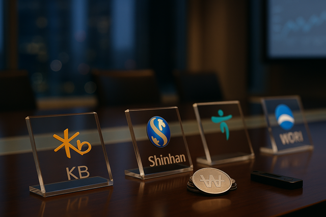 신한·하나·KB·우리 등 주요 금융그룹은 최고경영진 또는 임원급 접촉을 이어갔고 정부는 10월 원화·외화 스테이블코인 규율을 담은 2단계 제도안을 국회 제출 목표로 준비 중이다. /챗GPT 생성이미지