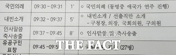 제49회 중구민의날 기념식 행사 자료 중 식순 일부 모습. 내빈소개를 살펴보면 광역의원인 대전시의원에 대한 소개는 없지만 기초의원인 중구의원에 대한 소개는 하는 것으로 표기돼 있다./대전시의원 제공