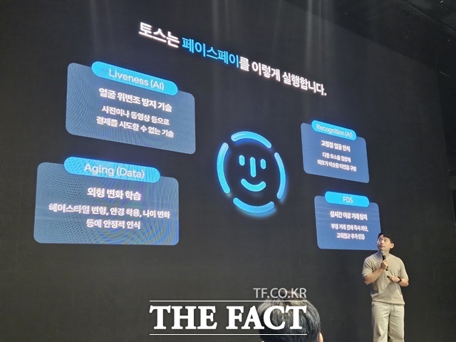 2일 서울 강남구 에스제이쿤스트할레에서 열린 기자간담회에서 최준호 토스 TPO가 페이스페이 서비스의 기술 구조를 설명하고 있다. /언주로=이선영 기자