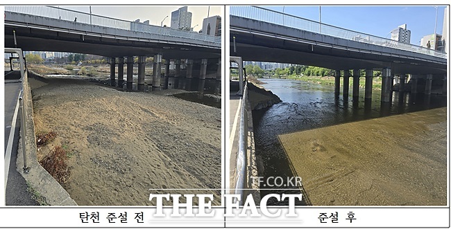 탄천 준설작업 전(왼쪽)과 후 모습. /성남시