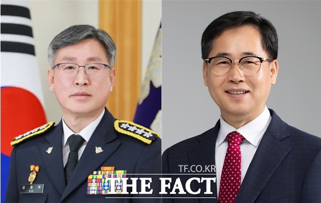 경상국립대학교 초빙교수로 임명된 김종욱(왼쪽) 전 해양경찰청장과 한경호 전 방위사업청 미래전력사업본부장. /경상국립대