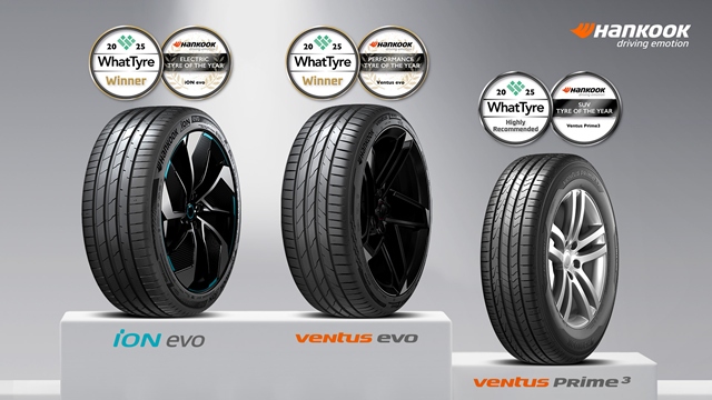 한국타이어는 전기차 전용 퍼포먼스 타이어 아이온 에보와 초고성능 퍼포먼스 타이어 벤투스 에보가 영국 타이어 전문 매체 왓타이어의 2025 왓타이어 어워드에서 각각 올해의 전기차 타이어와 올해의 퍼포먼스 타이어에 선정됐다고 3일 밝혔다. /한국타이어
