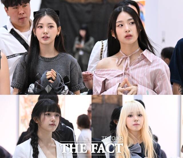 걸그룹 베이비돈크라이가 3일 서울 강남구 코엑스에서 열린 프리즈 서울 2025(Frieze Seoul 2025)에 참석해 전시된 작품들을 관람하고 있다. /이새롬 기자