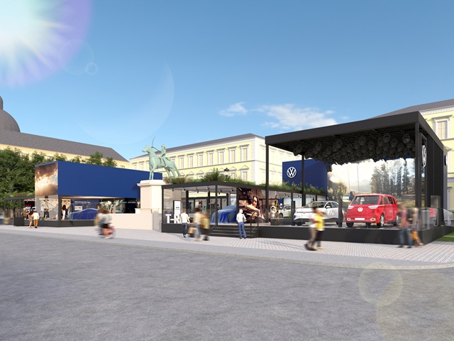 폭스바겐그룹은 모두를 위한 모빌리티를 슬로건으로 내걸고 도심형 전기차 패밀리를 완성할 콤팩트 SUV 콘셉트카를 공개한다. 폭스바겐의 IAA 2025 체험형 전시관 조감도. /폭스바겐그룹