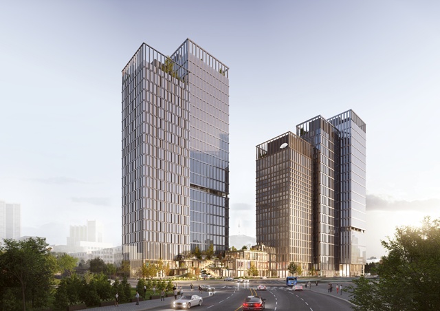 한화는 지난 3일 서울역 북부역세권 복합개발 사업의 호텔 파트너로 럭셔리 호텔·리조트 그룹인 만다린 오리엔탈(Mandarin Oriental Hotel Group)을 선정하고 운영 계약을 체결했다. 사진은 서울역 북부역세권 복합개발 조감도로, 우측에서 세 번째가 만다린 오리엔탈 서울이다. /한화