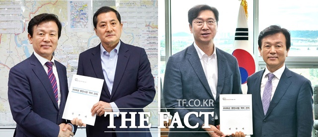 조규일 진주시장이 국회를 찾아 지역 국회의원 박대출(왼쪽 사진), 강민국 의원을 만나 주요 현안 사업이 내년도 정부예산에 반영될 수 있도록 건의했다. /진주시