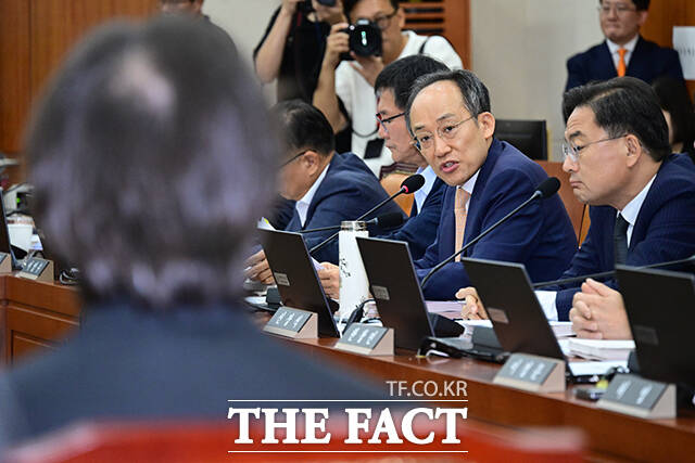 추경호 국민의힘 의원(오른쪽 두 번째)이 주병기 후보자를 상대로 세금·과태료 지연납부와 관련해 질의하고 있다.