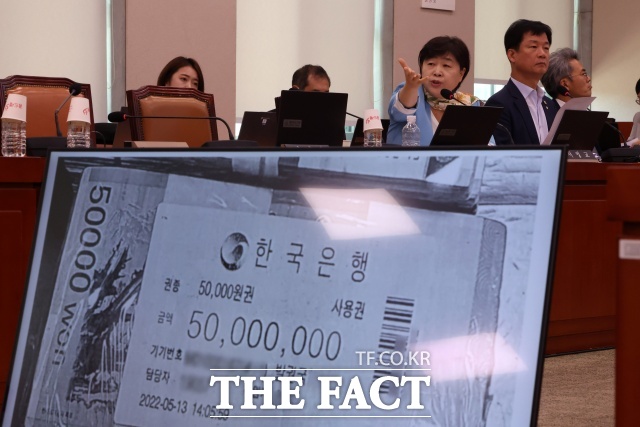 더불어민주당이 7일 서울남부지검의 ‘관봉권 띠지 분실 사건’과 관련해 특별검사(특검) 수사가 필요하다고 강조했다. 지난 5일 서울 여의도 국회에서 열린 법제사법위원회 검찰개혁 입법청문회에서 관봉권 띠지 분실과 관련해 서영교 민주당 의원이 질의하고 있다. /뉴시스