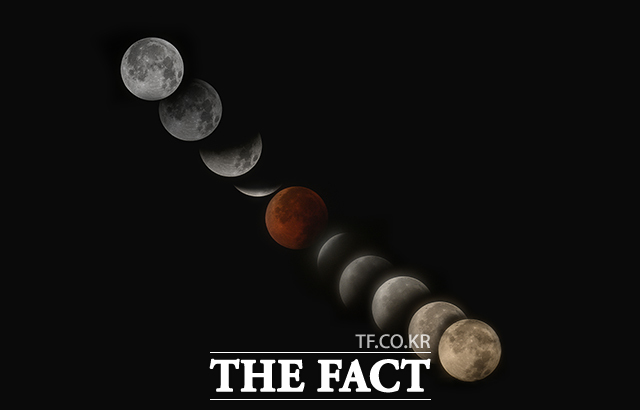 8일 오전 서울 종로구 북악팔각정에서 올려다본 하늘에서 개기월식이 관측되고 있다. 사진은 레이어 합성. /박헌우 기자