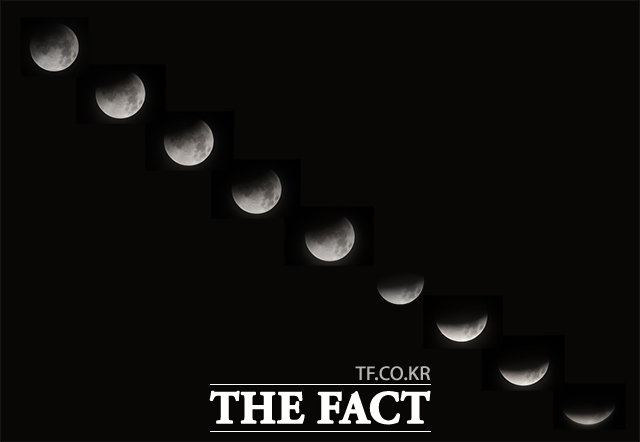 국내에서 약 3년 만에 개기월식 현상이 관측된 8일 오전 서울 용산구에서 바라본 달에 부분식이 진행되고 있다. /장윤석 기자