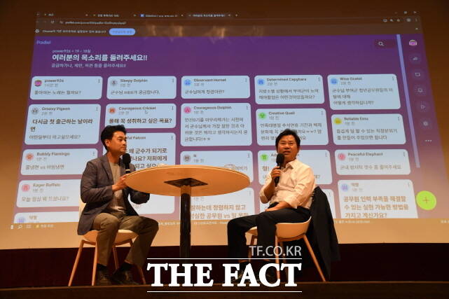 박정현 부여군수(오른쪽)가 지난 5일 부여박물관 사비마루에서 열린 기관장과 함께하는 청렴 소통·공감 콘서트에서 대화를 하고 있다. /부여군