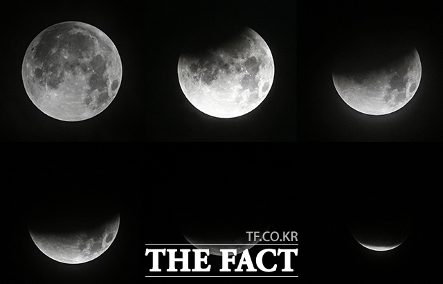 달이 지구의 그림자에 가려지는 개기월식 현상이 관측된 8일 오전 서울 마포구에서 바라본 달에 부분식이 진행되고 있다. /서예원 기자