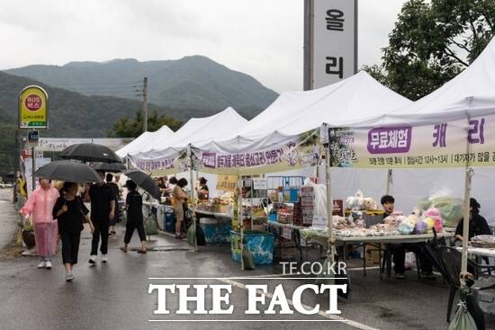 6일 경기 연천군 청산면 청산버섯농장 일원에서 열린 청정십리길 열두개울상점가 거리축제를 방문객들이 축제 부스들을 둘러 보고 있다./연천군