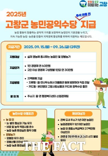 고창군이 농업인의 생활 안정과 지역경제 활성화를 위해 농민 공익수당을 추석 명절 전 지급한다. /고창군