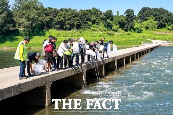 김덕현 연천군수와 연천군 지역 어업인들이 11일 대농갱이 치어를 방류하고 있다./연천군
