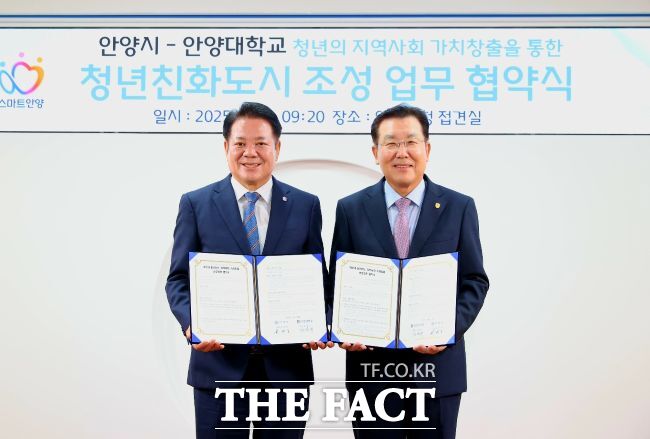 최대호 안양시장(왼쪽)과 장광수 안양대 총장이 청년정책 협력을 위한 업무협약을 12일 체결했다./안양시