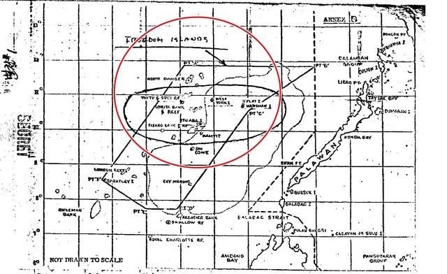필리핀 대사관이 1976년 6월 10일 정부에 보고하며 덧붙인 분쟁 지역 해도. 빨간색 원이 스프래틀리 군도를 뜻한다. /외교부