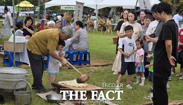 축제장에 조성된 난장마당에서 한 어린이에게 절구 떡방아 메치기를 가르치고 있다. /충남역사문화연구원