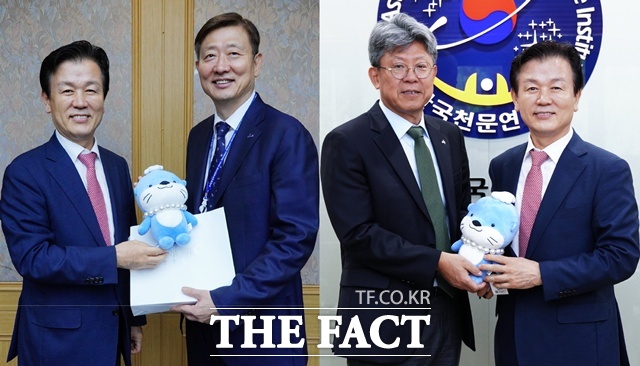 15일 조규일 진주시장이 박장현 천문연(오른쪽 사진)원장과 이상철 항우연 원장을 만나 우주항공산업 발전·협력 방안을 논의했다. /진주시