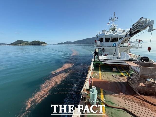 완도군이 적조 방제 황토 살포작업을 실시하고 있다./완도군